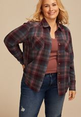 Plus Size Pucker Plaid Button Down Shirt, C9765, small