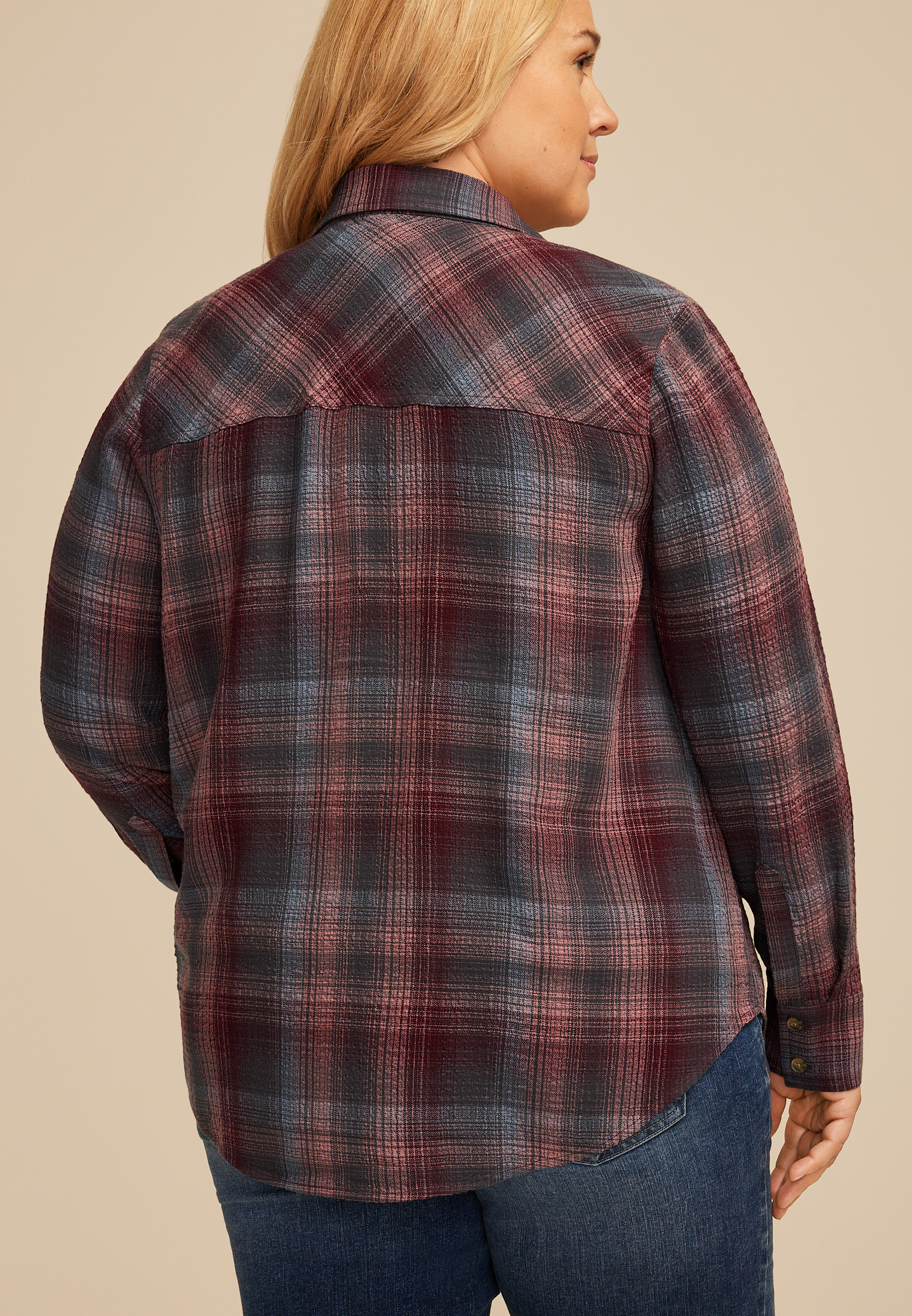 Plus Size Pucker Plaid Button Down Shirt, C9765, large