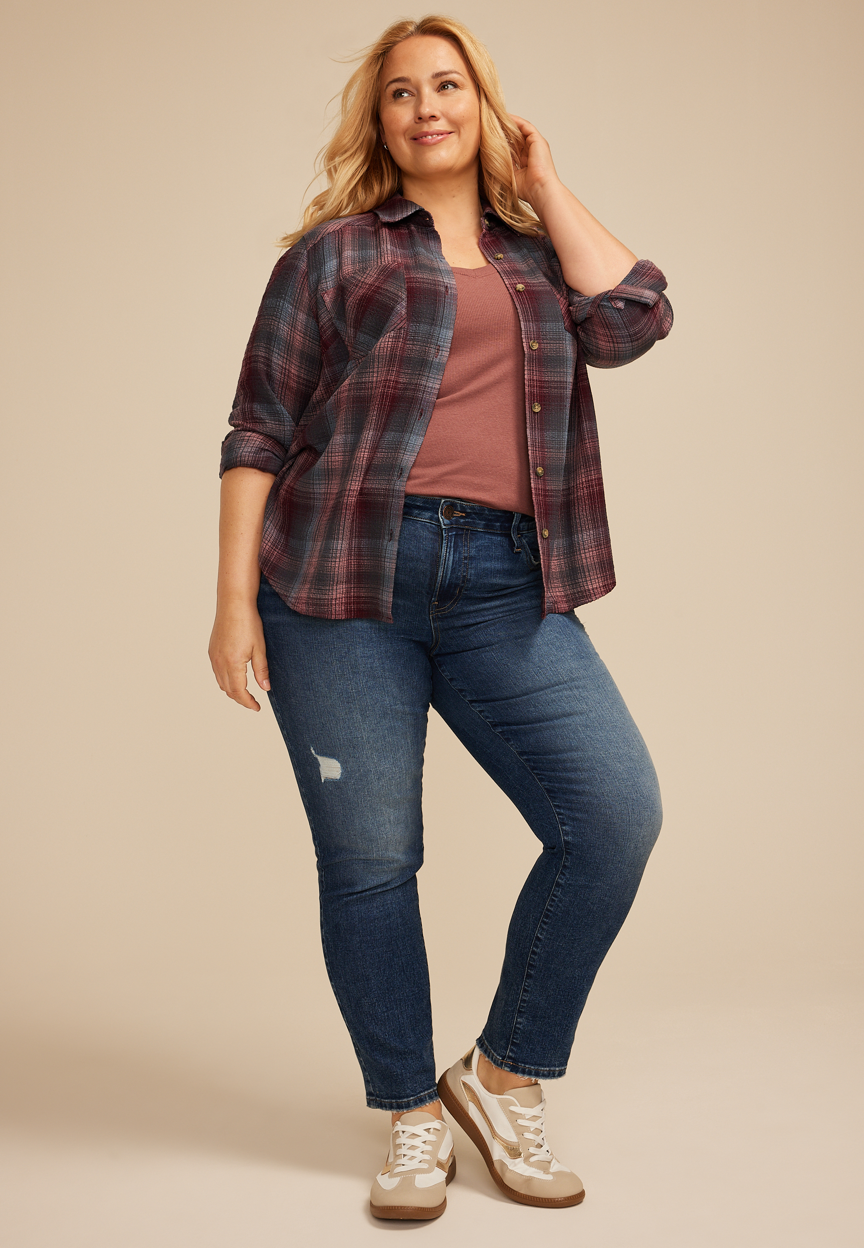 Plus Size Pucker Plaid Button Down Shirt, C9765, large
