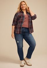 Plus Size Pucker Plaid Button Down Shirt, C9765, small