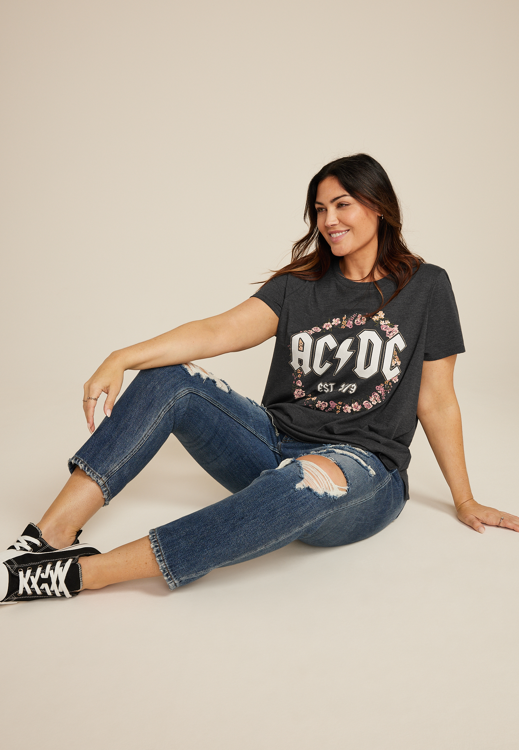 Plus Size Floral ACDC Classic Fit Graphic Tee, CHARCOAL, large