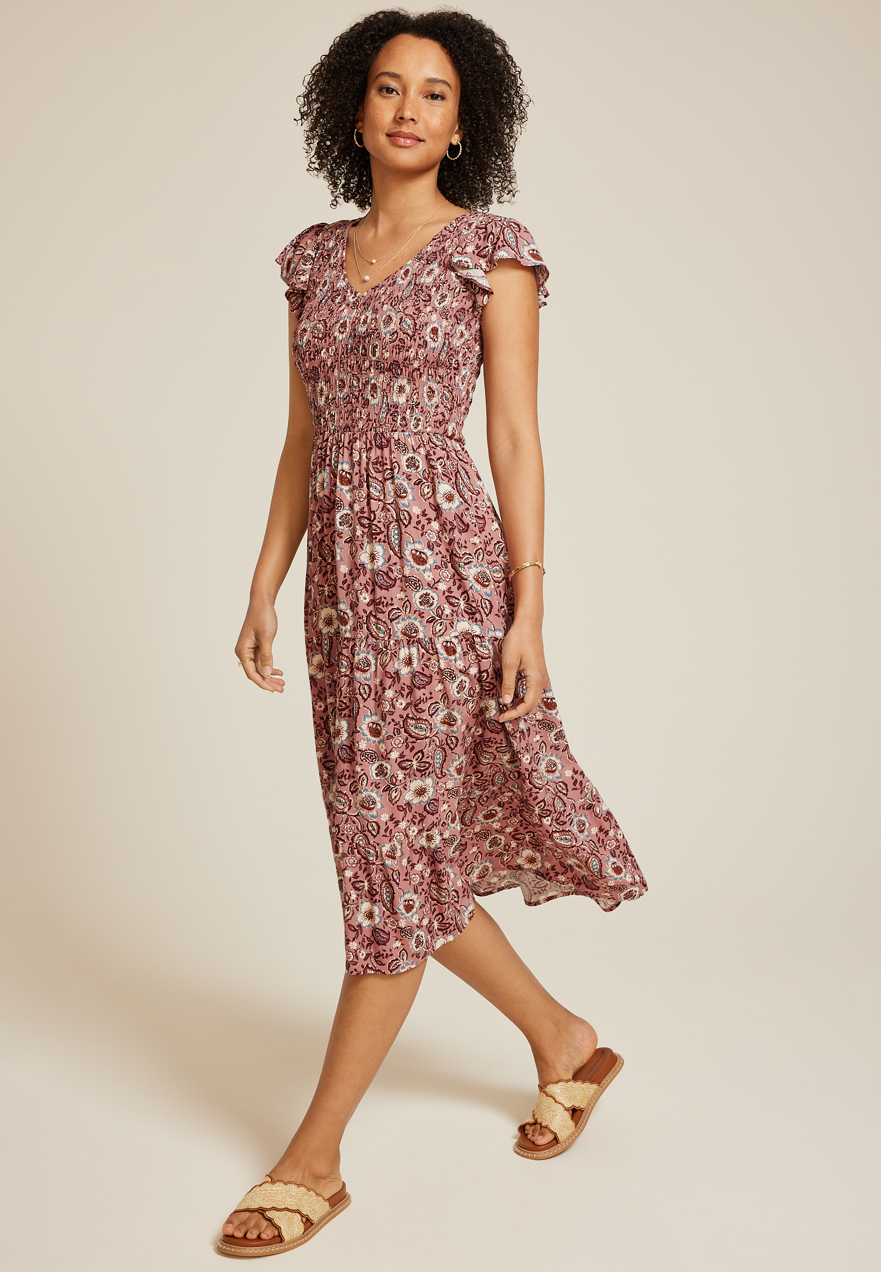 Printed Flutter Sleeve Smocked Midi Dress