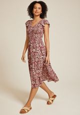 Printed Flutter Sleeve Smocked Midi Dress, C6910, small