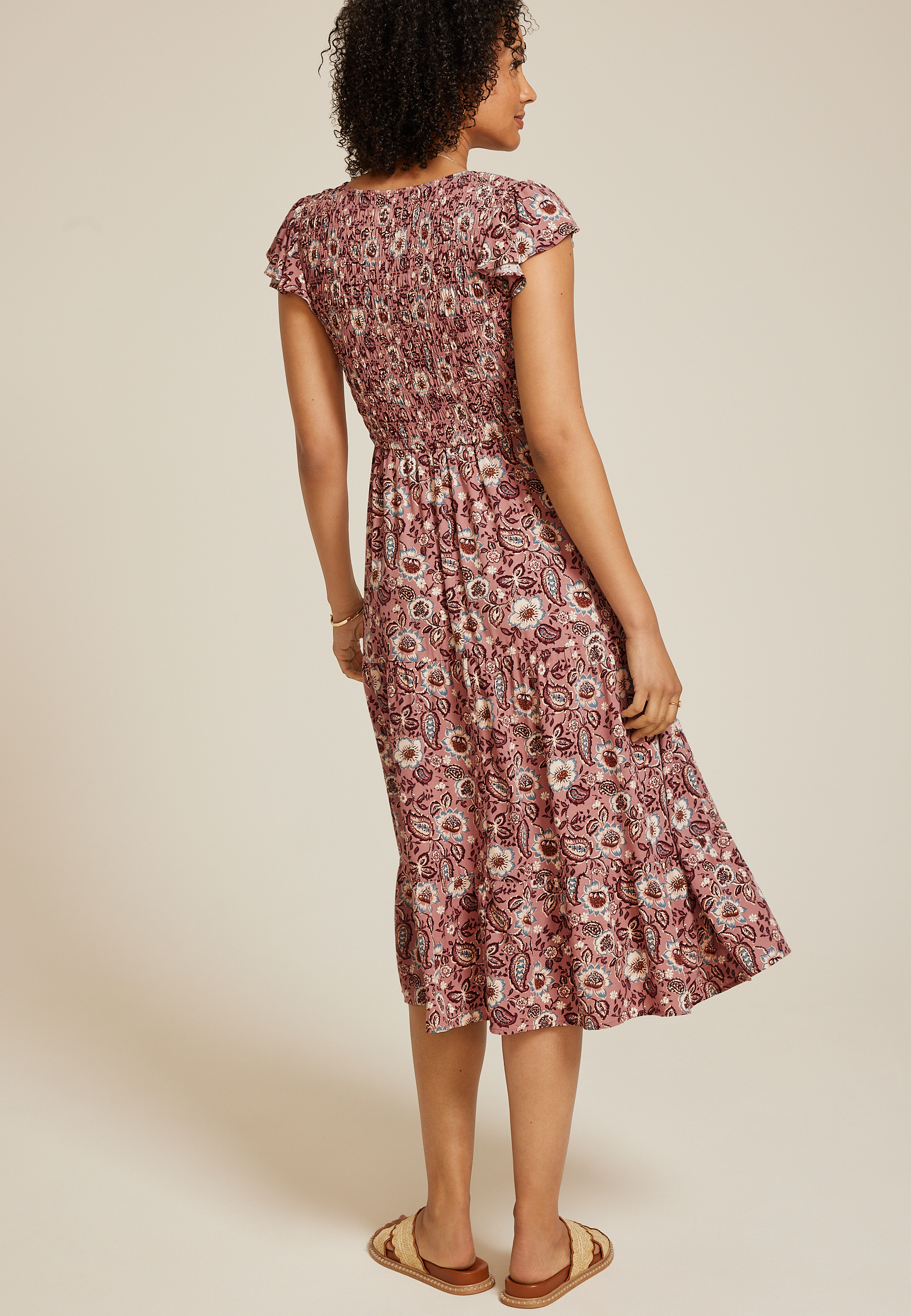 Printed Flutter Sleeve Smocked Midi Dress, C6910, large