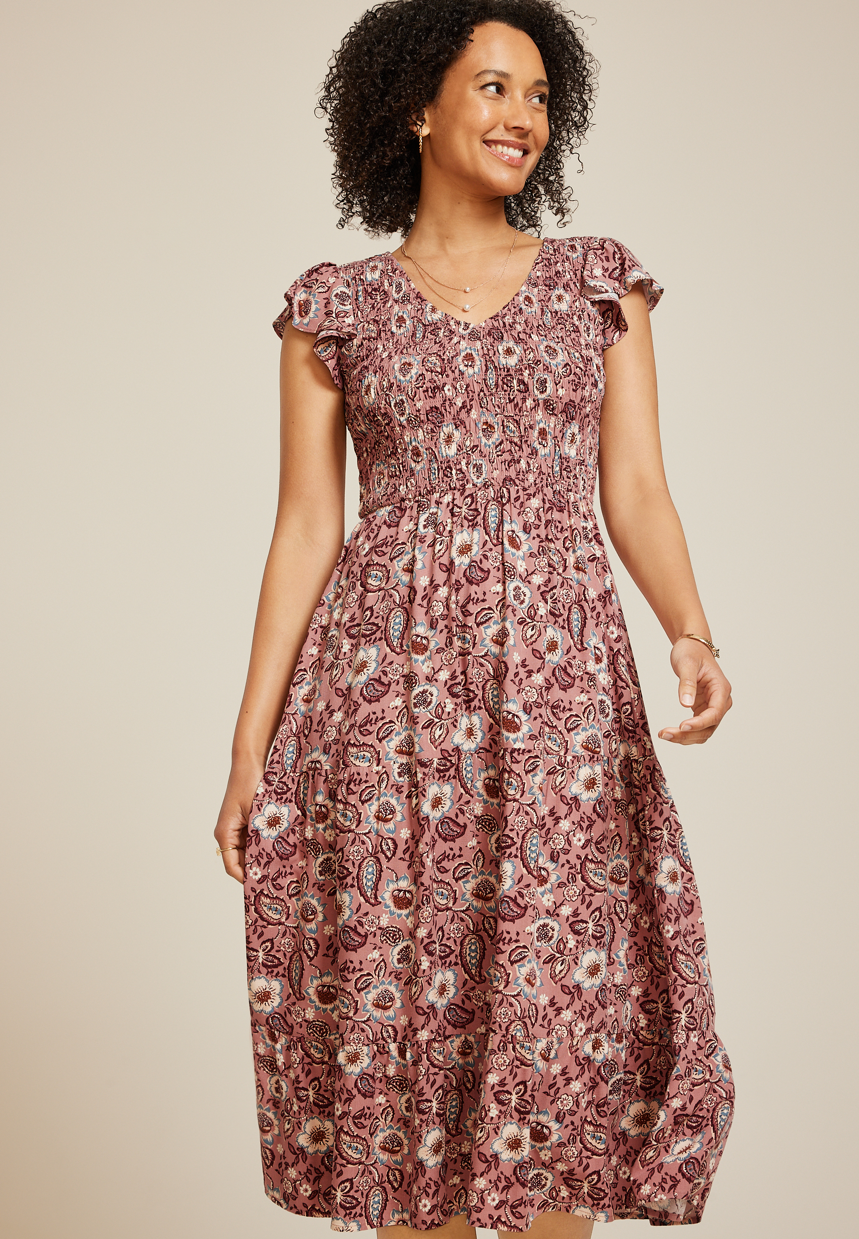 Printed Flutter Sleeve Smocked Midi Dress, C6910, large