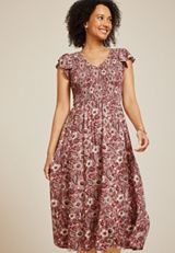 Printed Flutter Sleeve Smocked Midi Dress, C6910, small