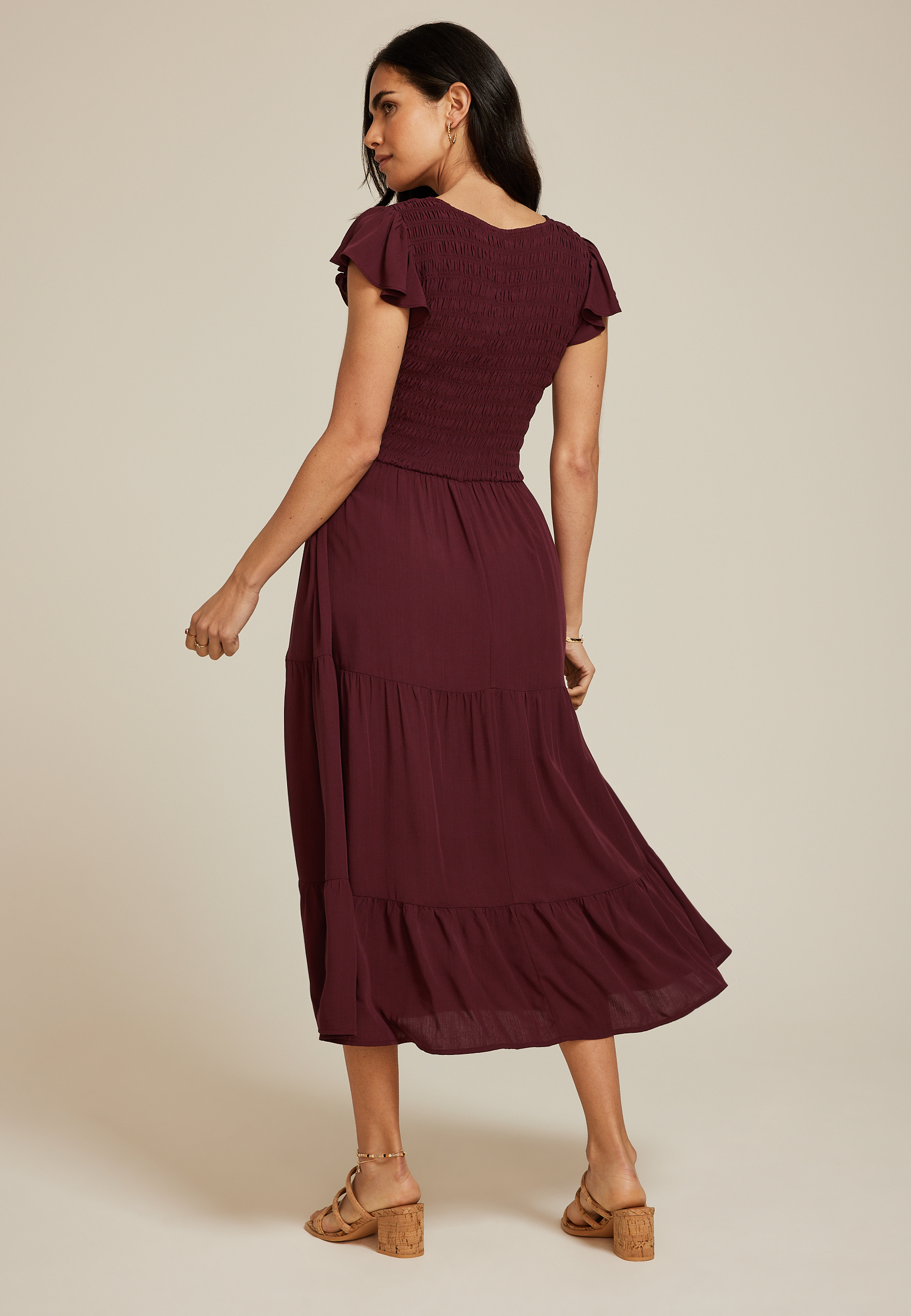 Flutter Sleeve Smocked Midi Dress, C5325, large