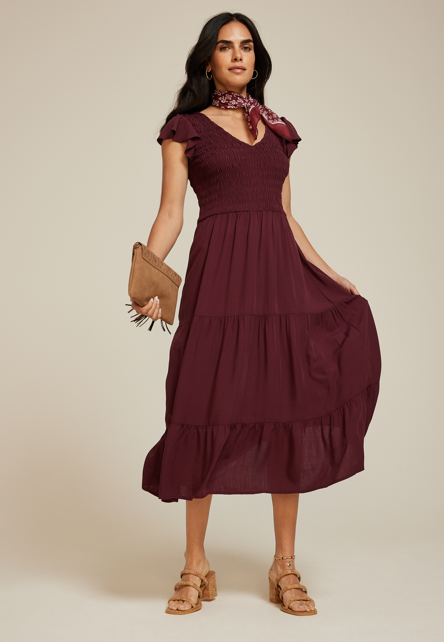 Flutter Sleeve Smocked Midi Dress, C5325, large
