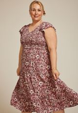 Plus Size Printed Flutter Sleeve Smocked Midi Dress, C6910, small