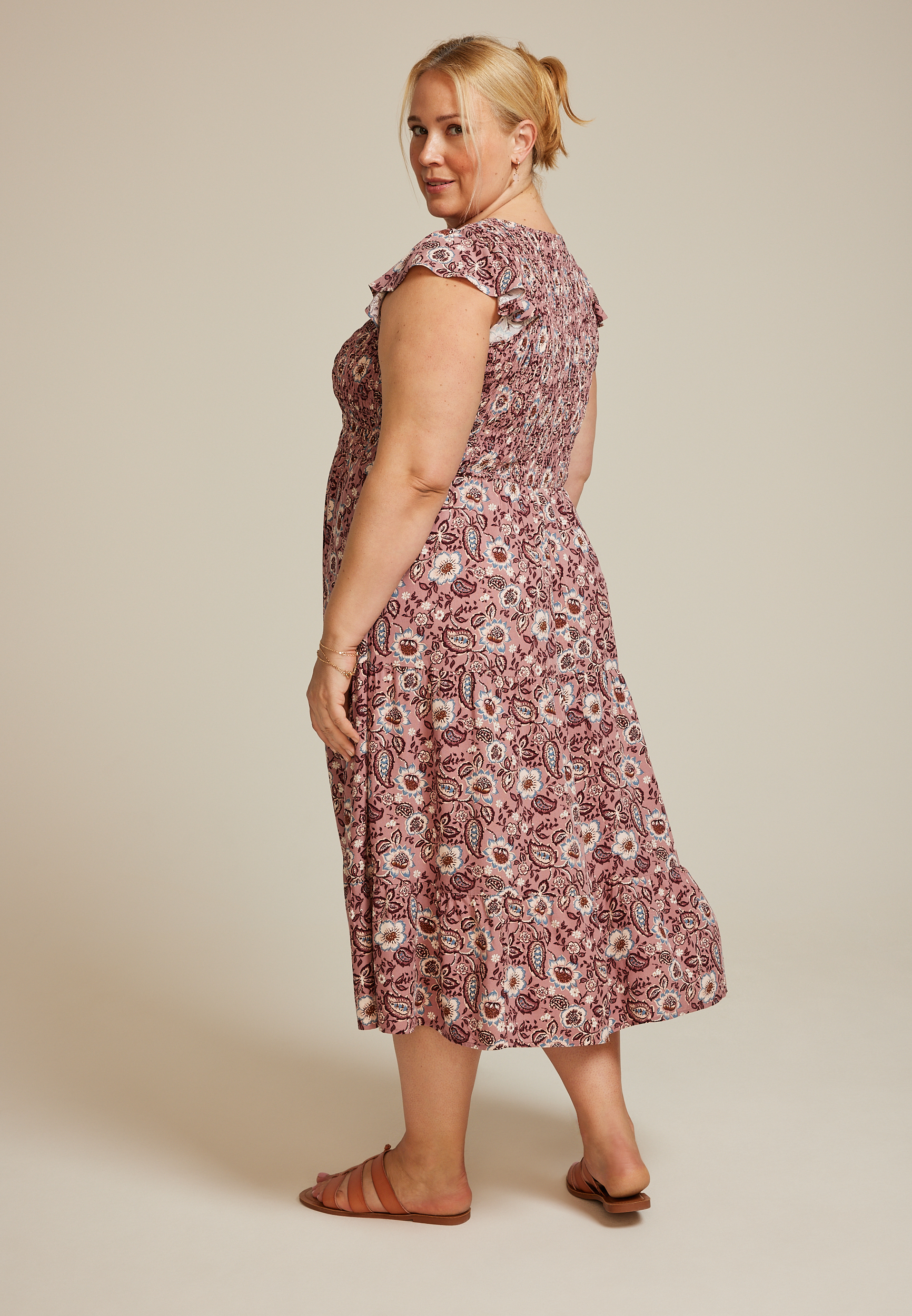 Plus Size Printed Flutter Sleeve Smocked Midi Dress, C6910, large