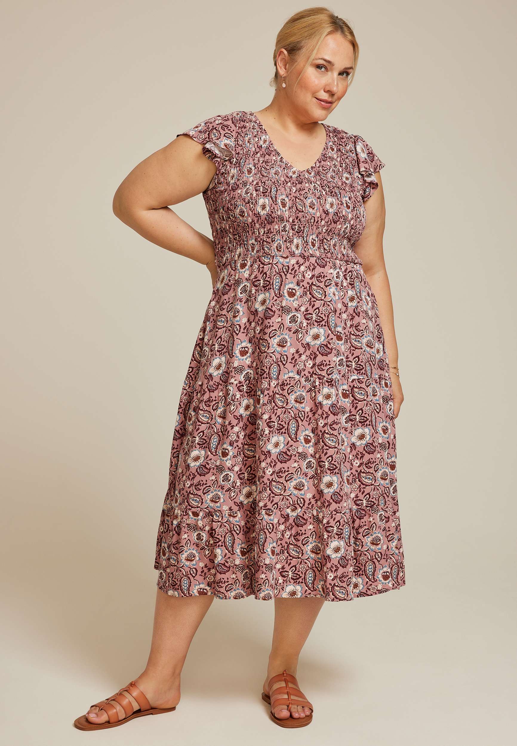Plus Size Printed Flutter Sleeve Smocked Midi Dress, C6910, large