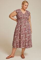 Plus Size Printed Flutter Sleeve Smocked Midi Dress, C6910, small