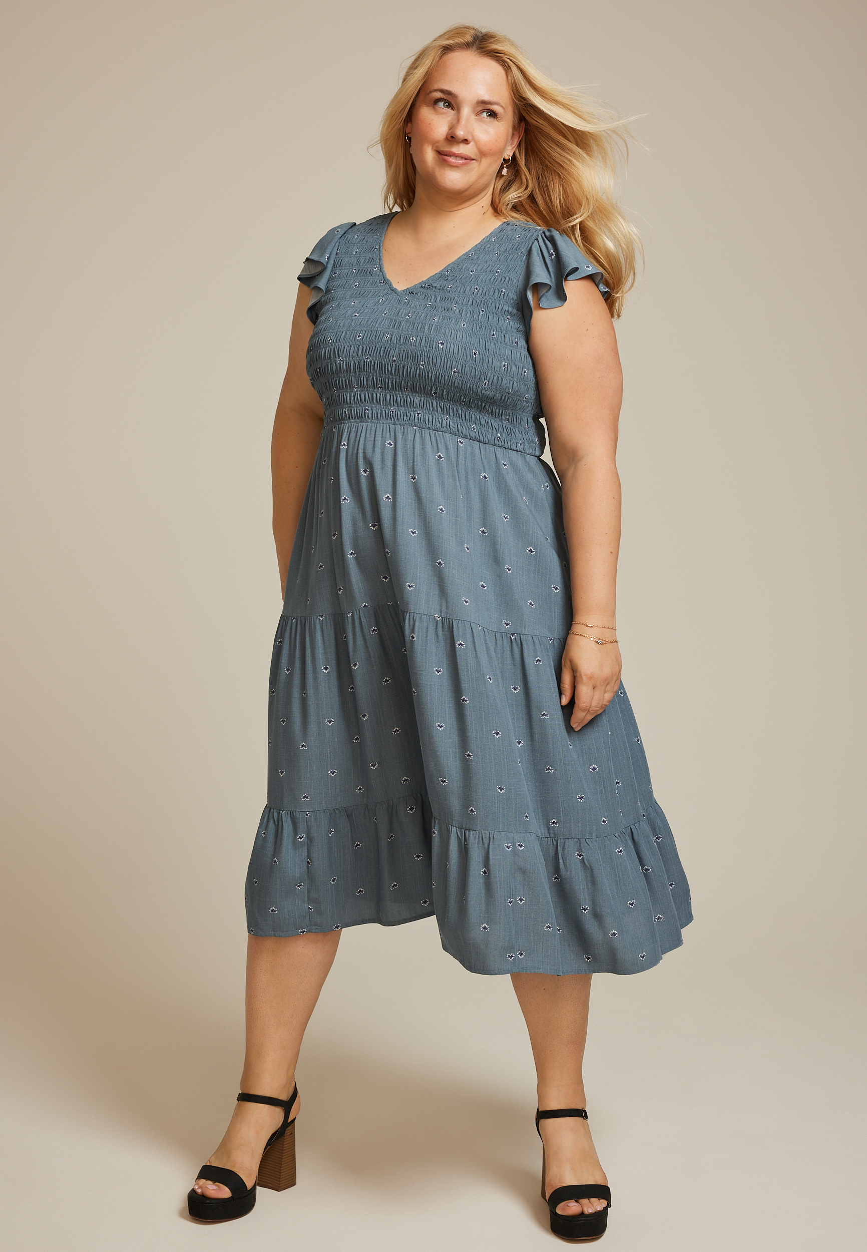 Plus Size Printed Flutter Sleeve Smocked Midi Dress