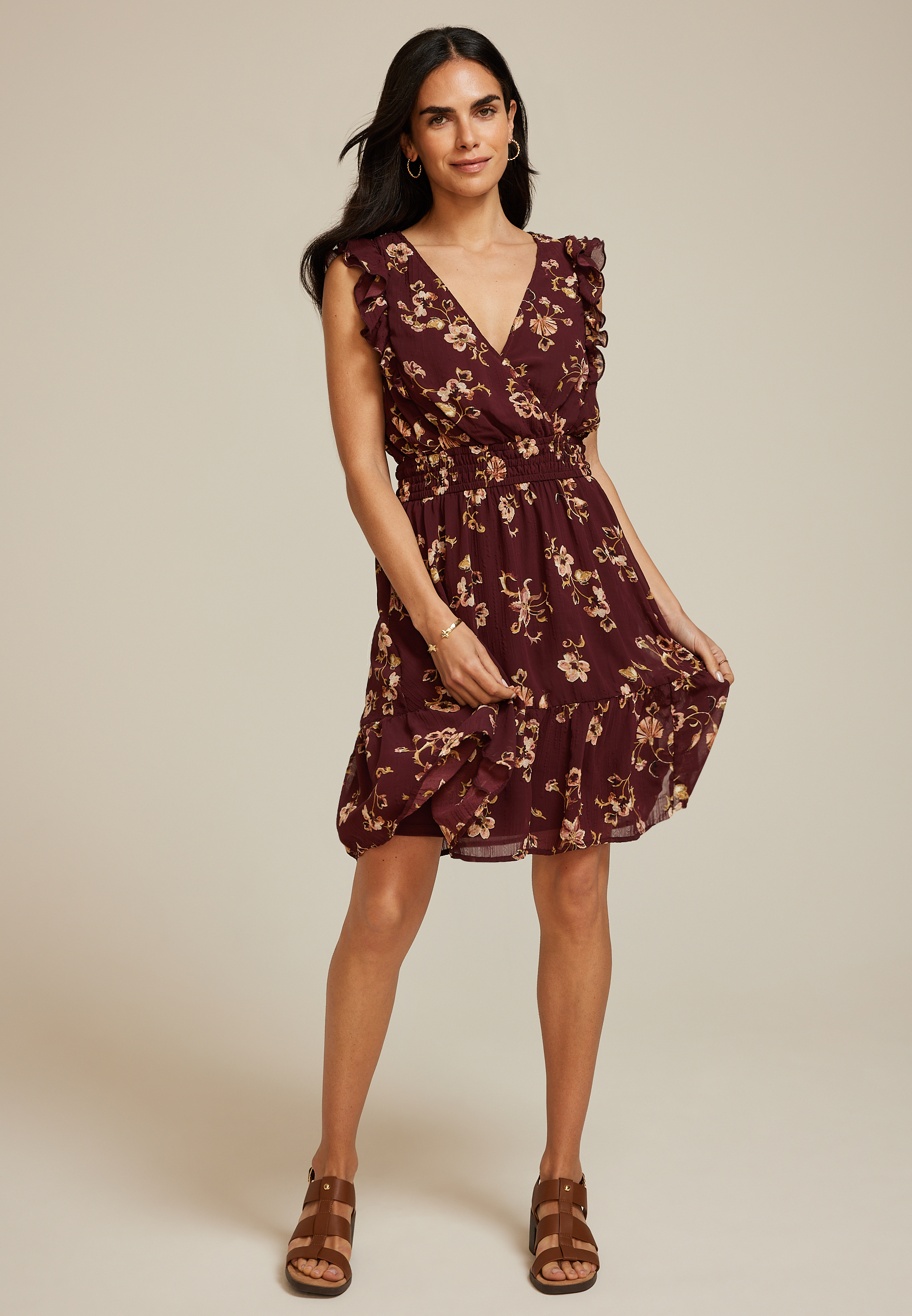 Bare Floral Ruffle V Neck Skater Dress