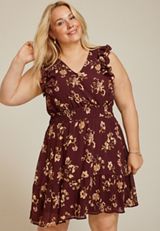 Plus Size Bare Floral Ruffle V Neck Skater Dress, C9736, small