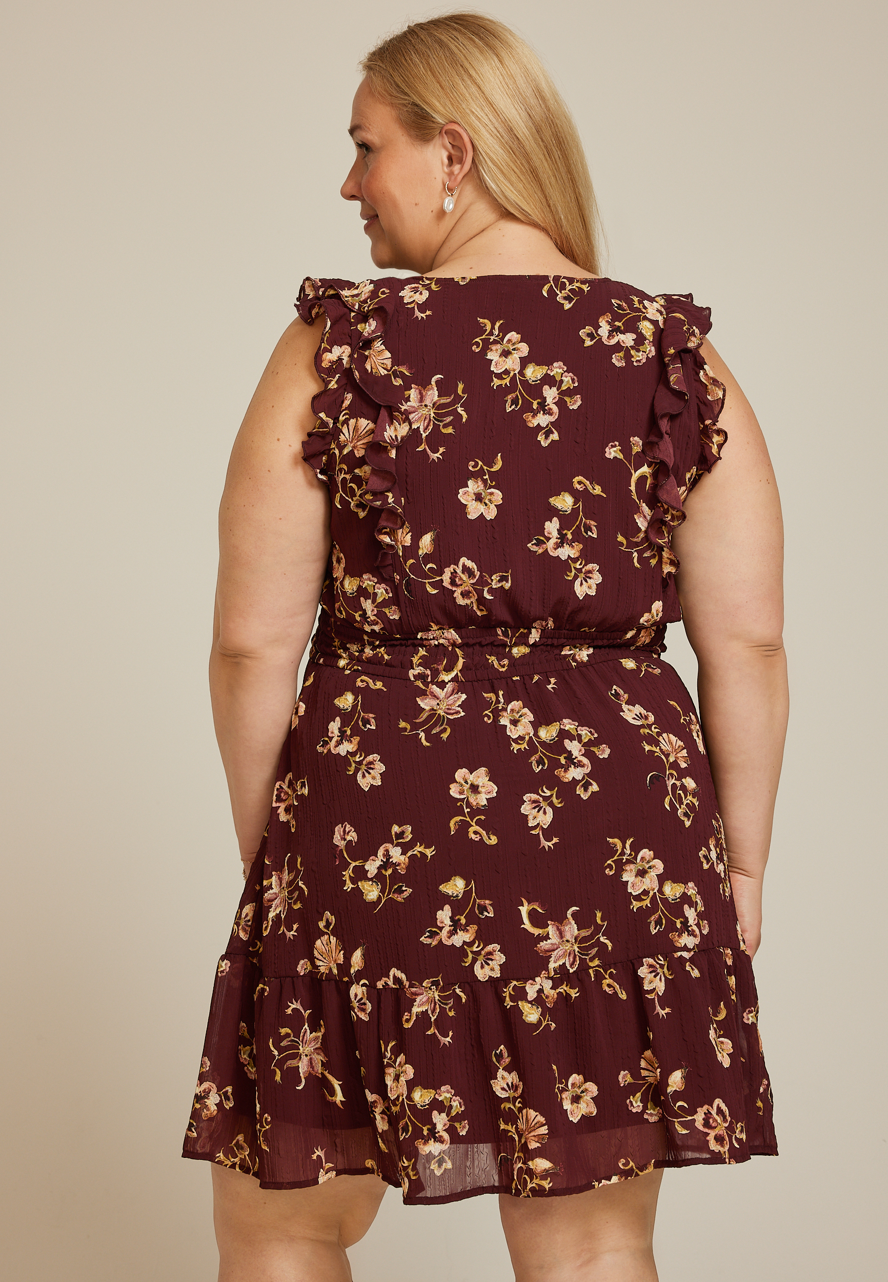 Plus Size Bare Floral Ruffle V Neck Skater Dress, C9736, large