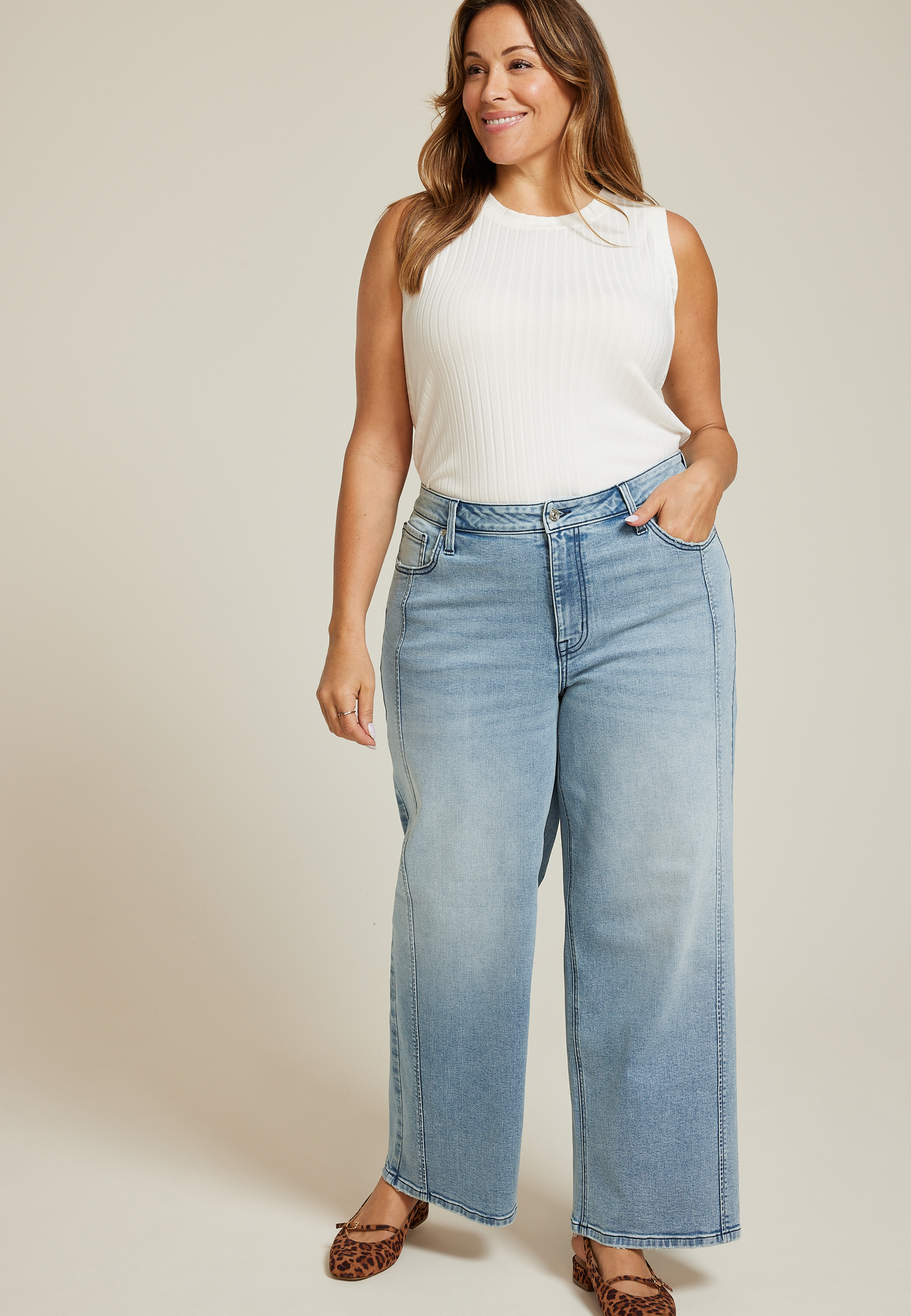 Plus Size High Rise Side Seam Wide Leg Jean