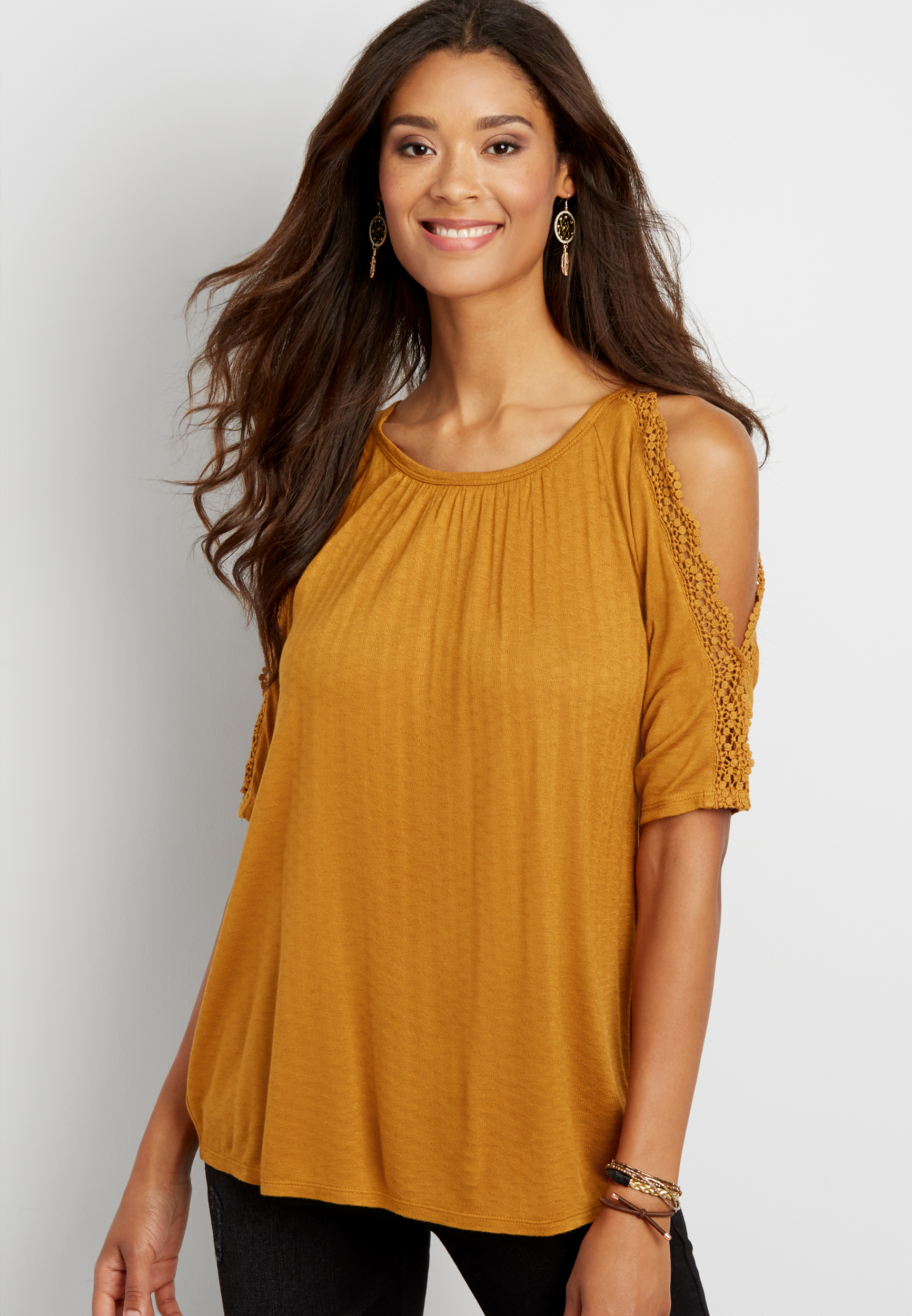 textured knit tee with crochet trimmed cold shoulders | maurices