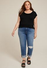 Plus Size Grommet Shoulder Scoop Neck Tee, C106, small