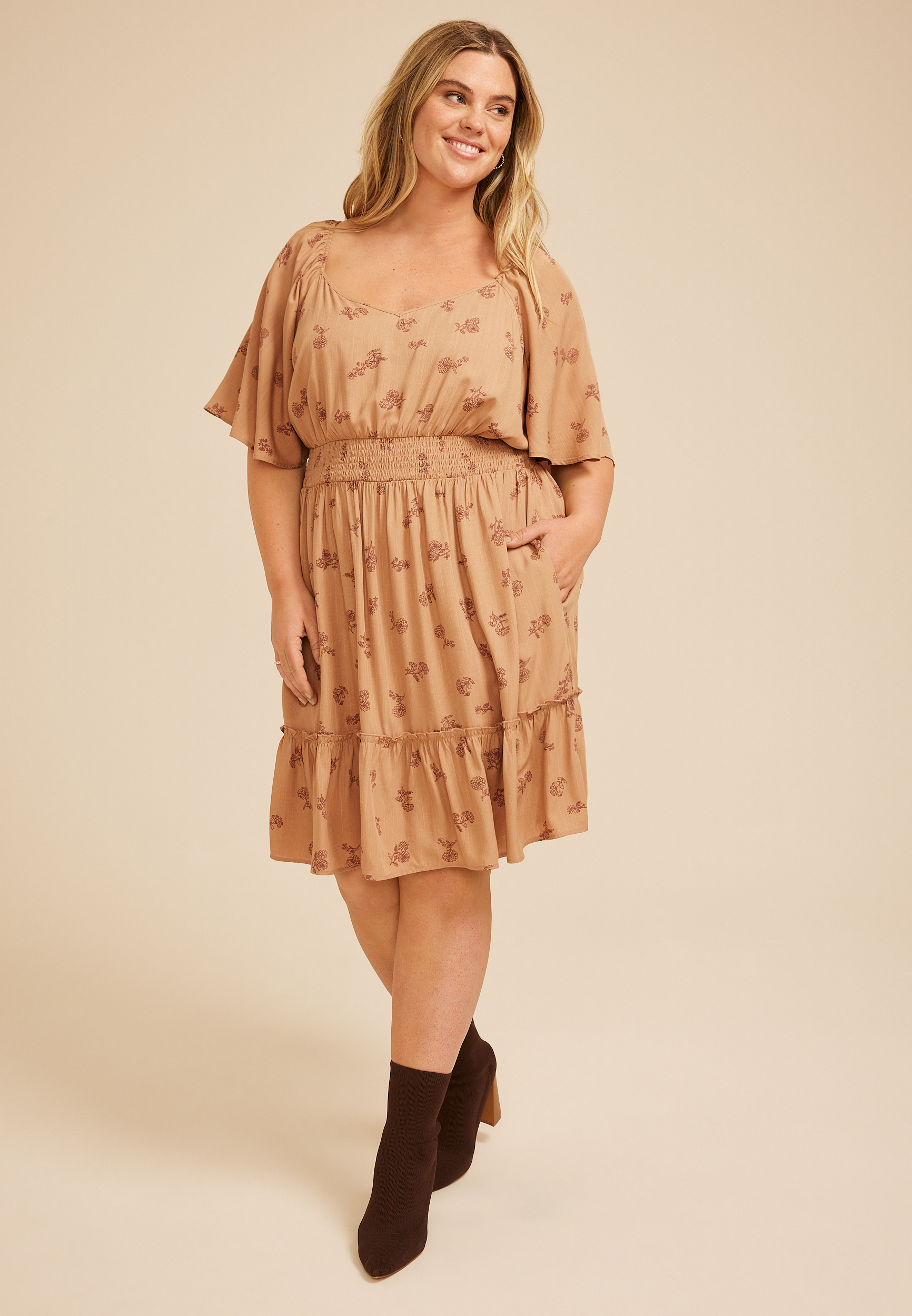 Plus Size Floral Flutter Textured Skater Dress, , large