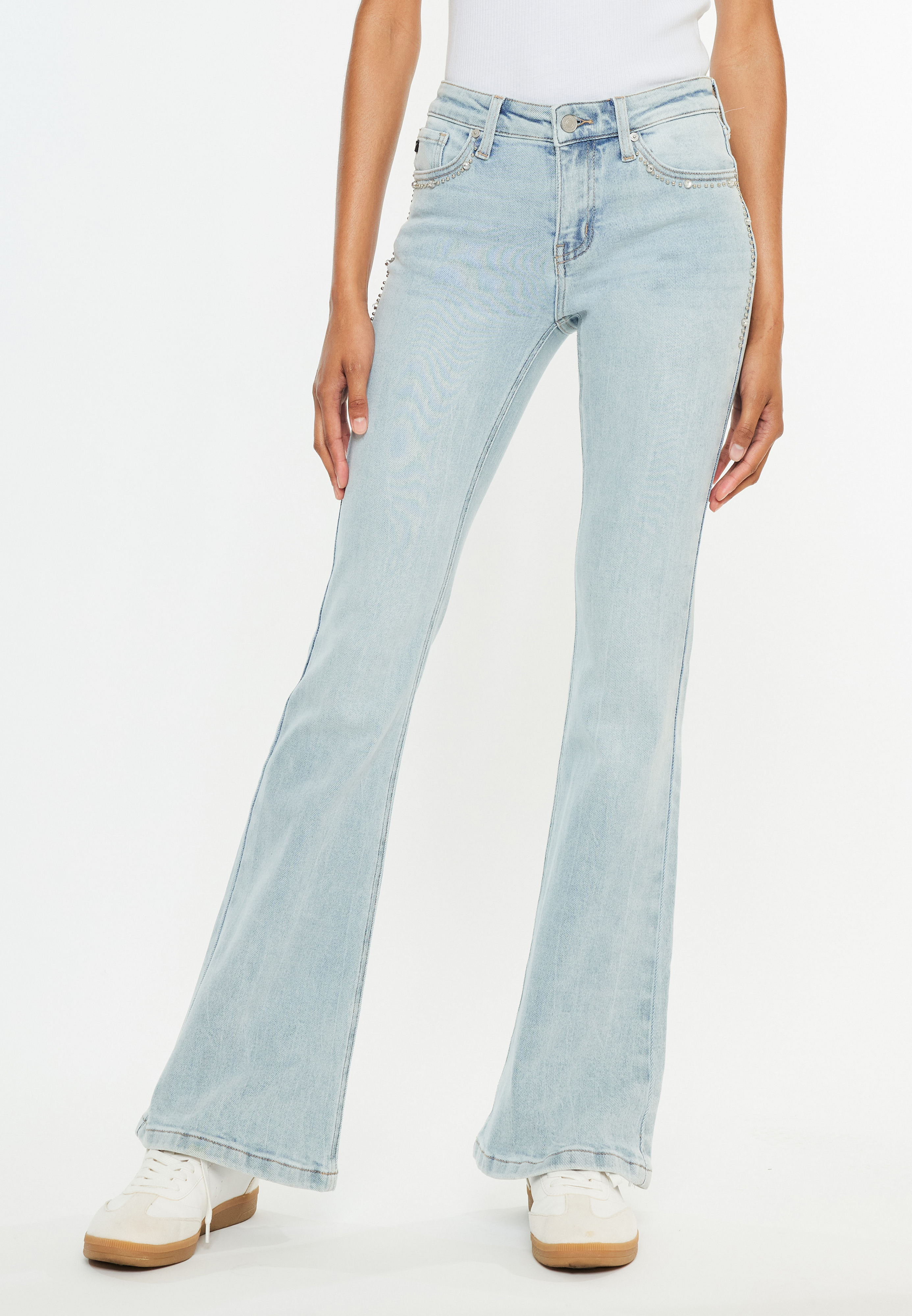 KanCan&trade; Studded Mid Rise Flare Jean, C2806, large