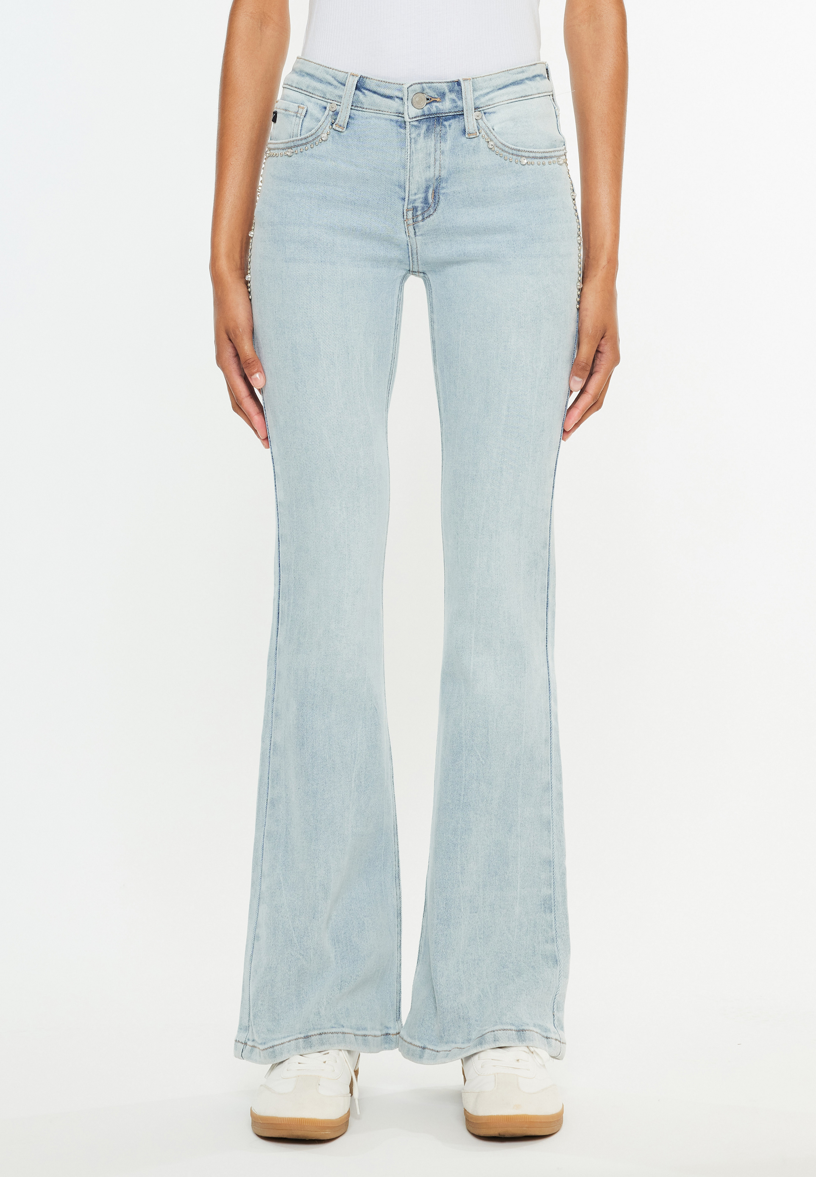 KanCan&trade; Studded Mid Rise Flare Jean, C2806, large