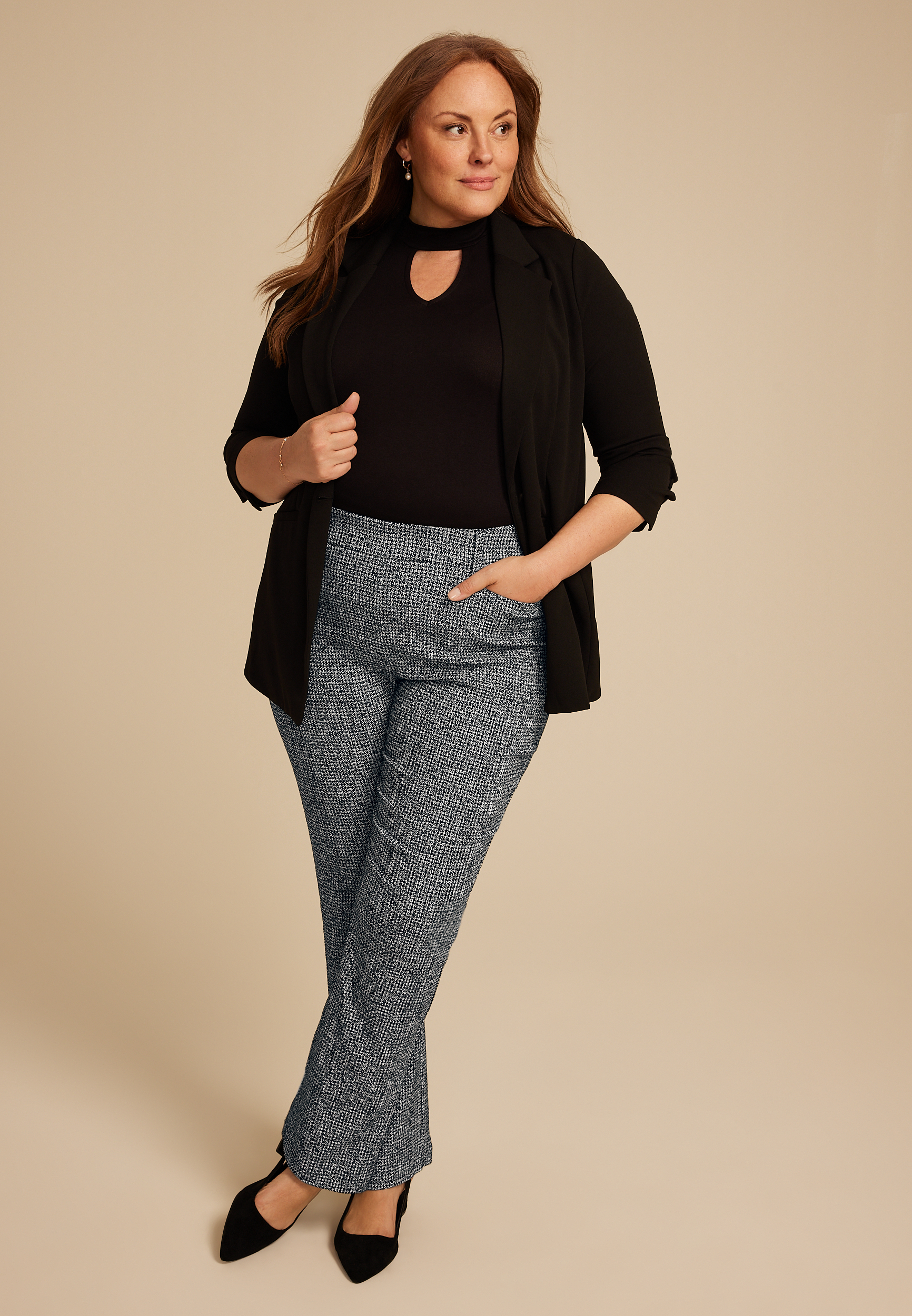Plus Size Bengaline Tweed Mid Rise Bootcut Pant, BLACK COMBO, large
