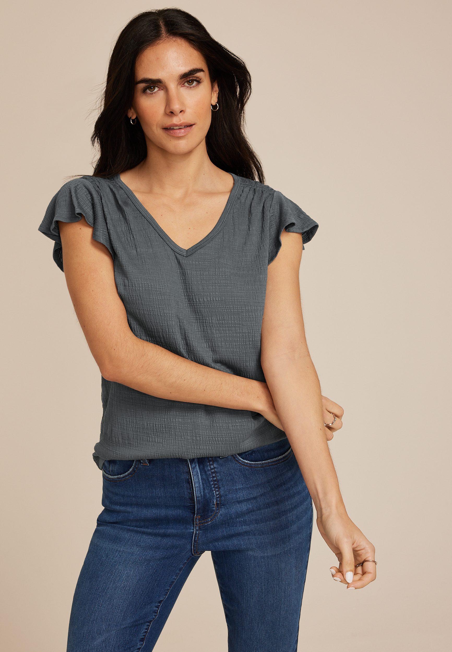 Textured Flutter Sleeve Tee, C9874, large