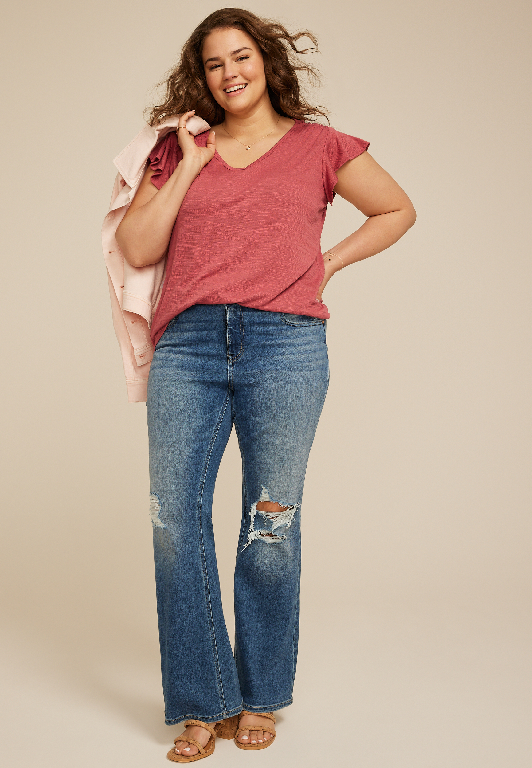 Plus Size Textured Flutter Sleeve Tee
