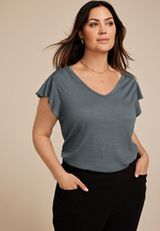 Plus Size Textured Flutter Sleeve Tee, Stormy Weather, small