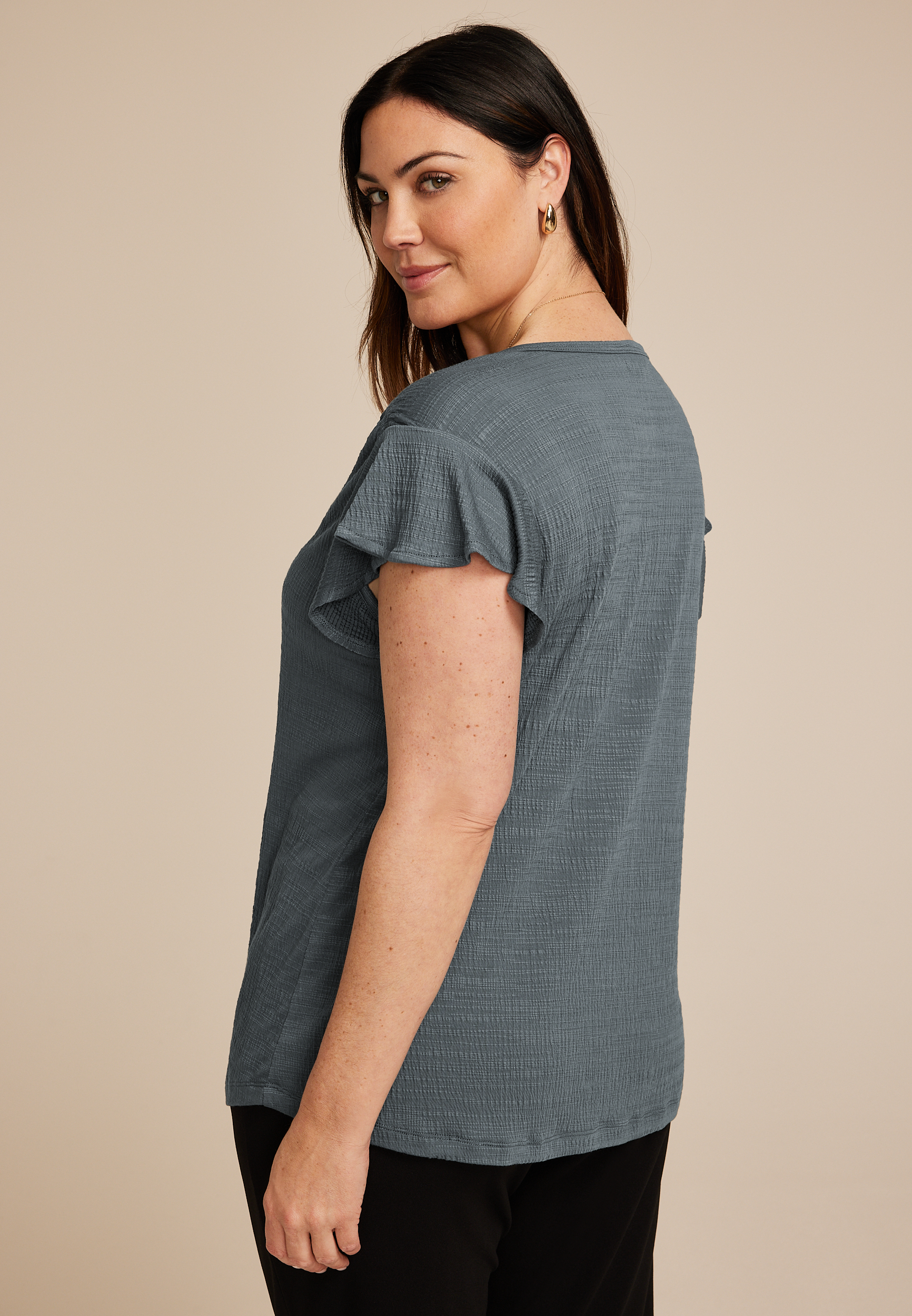 Plus Size Textured Flutter Sleeve Tee, Stormy Weather, large