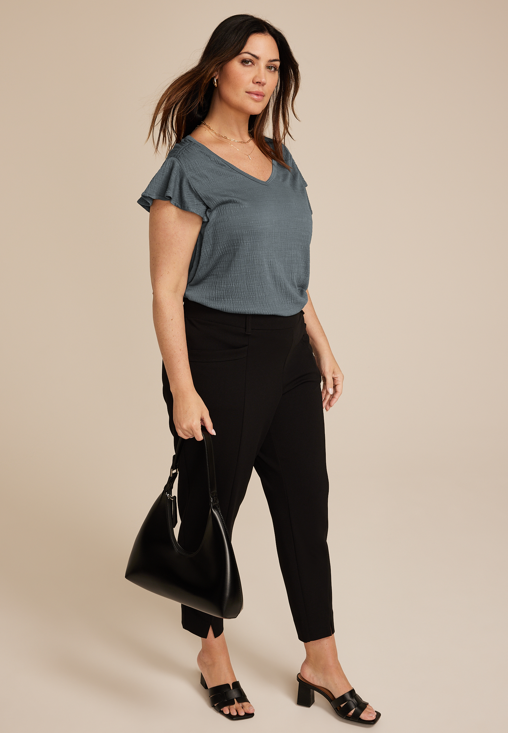 Plus Size Textured Flutter Sleeve Tee, Stormy Weather, large