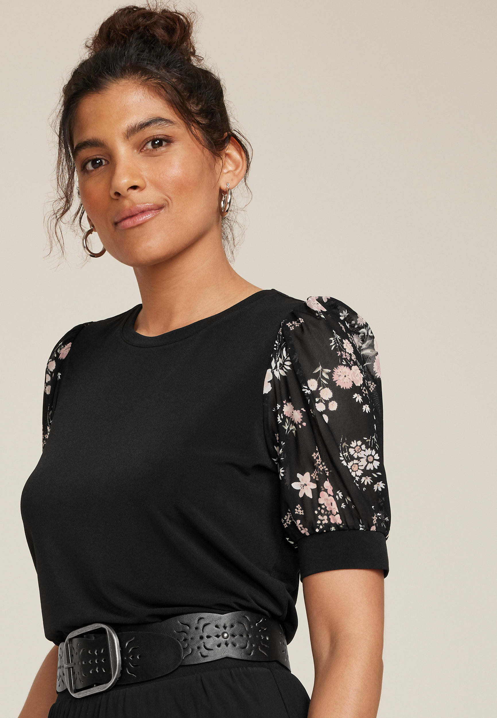 Floral Mesh Puff Sleeve Top