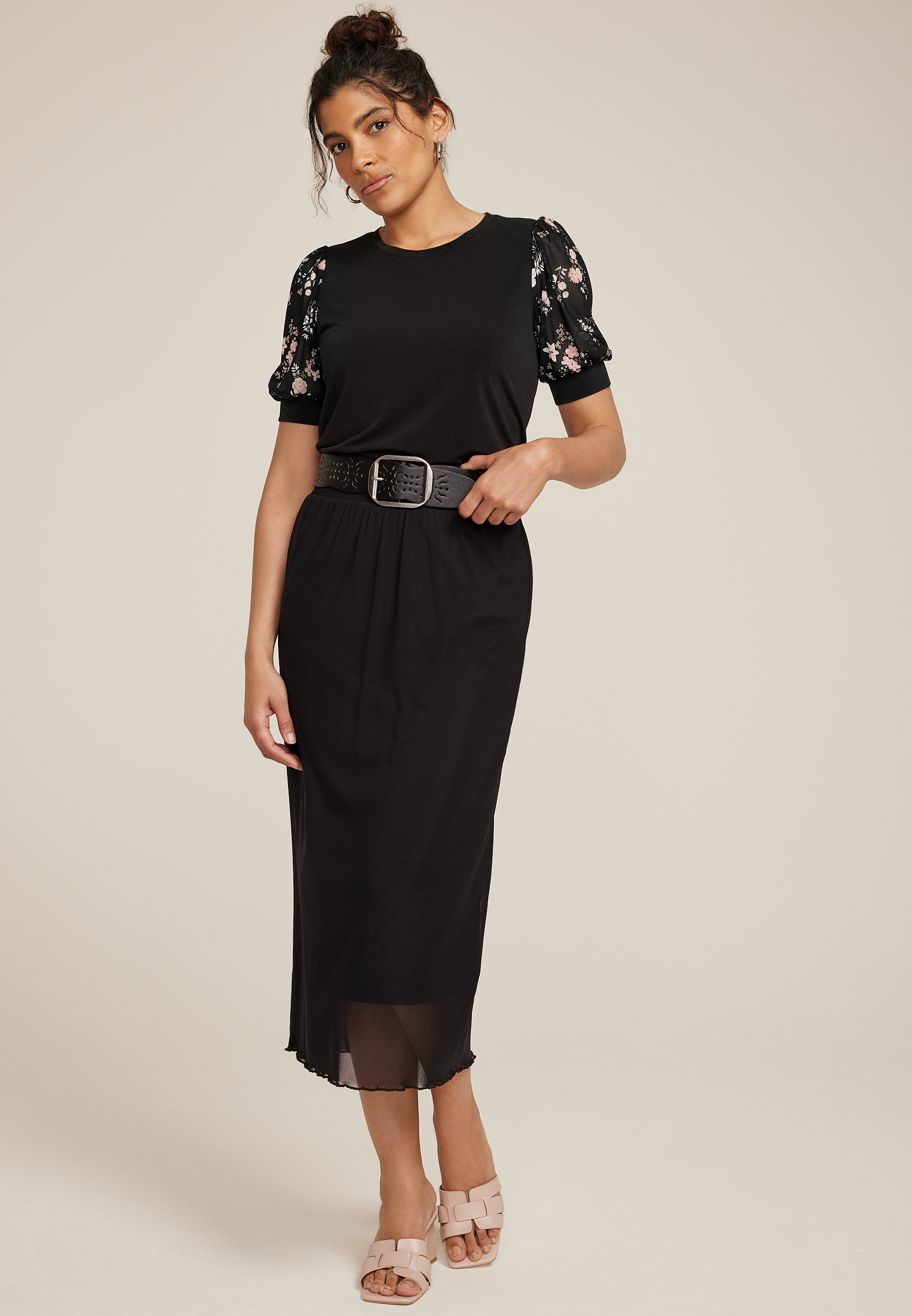 Floral Mesh Puff Sleeve Top, C1756, large