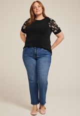 Plus Size Floral Mesh Puff Sleeve Top, C1756, small