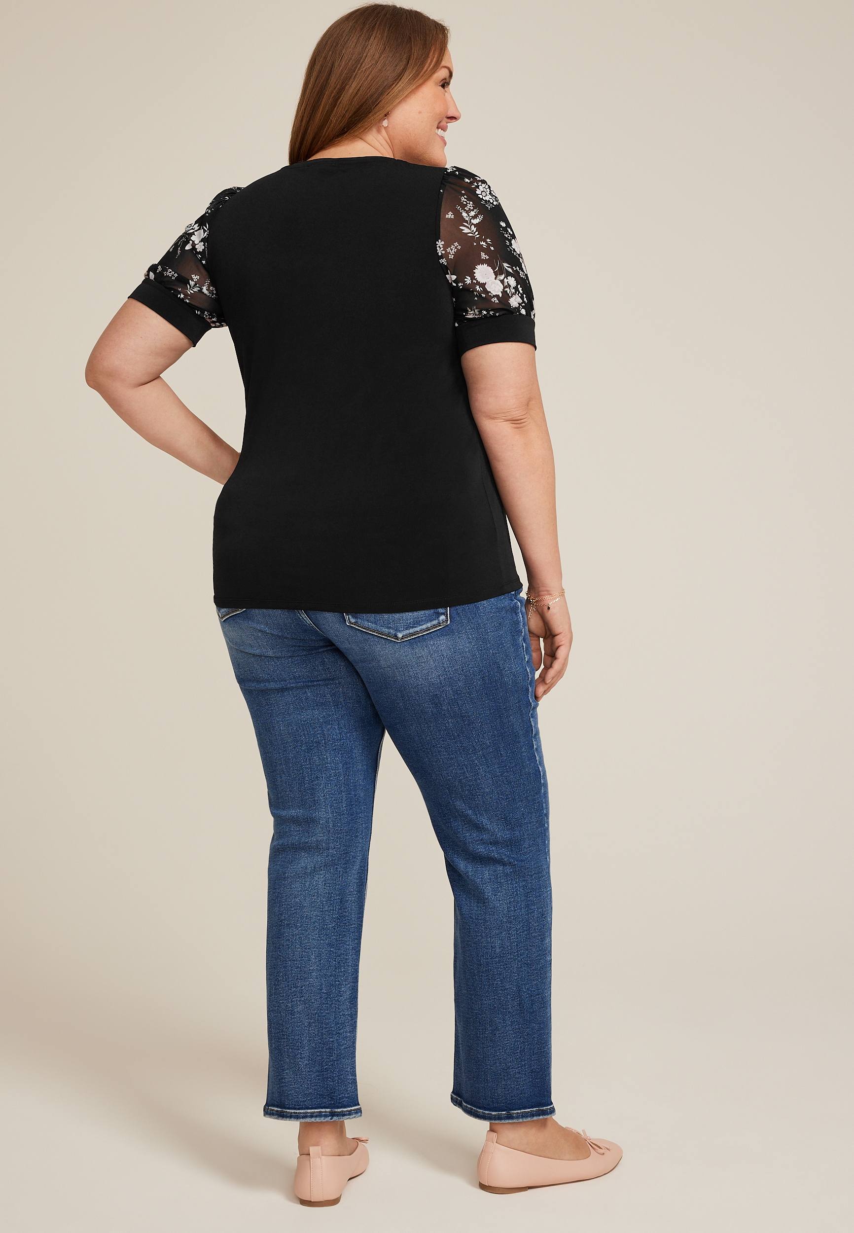 Plus Size Floral Mesh Puff Sleeve Top, C1756, large