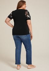 Plus Size Floral Mesh Puff Sleeve Top, C1756, small