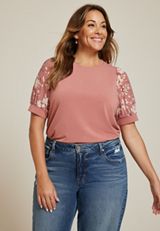 Plus Size Floral Mesh Puff Sleeve Top, C6910, small