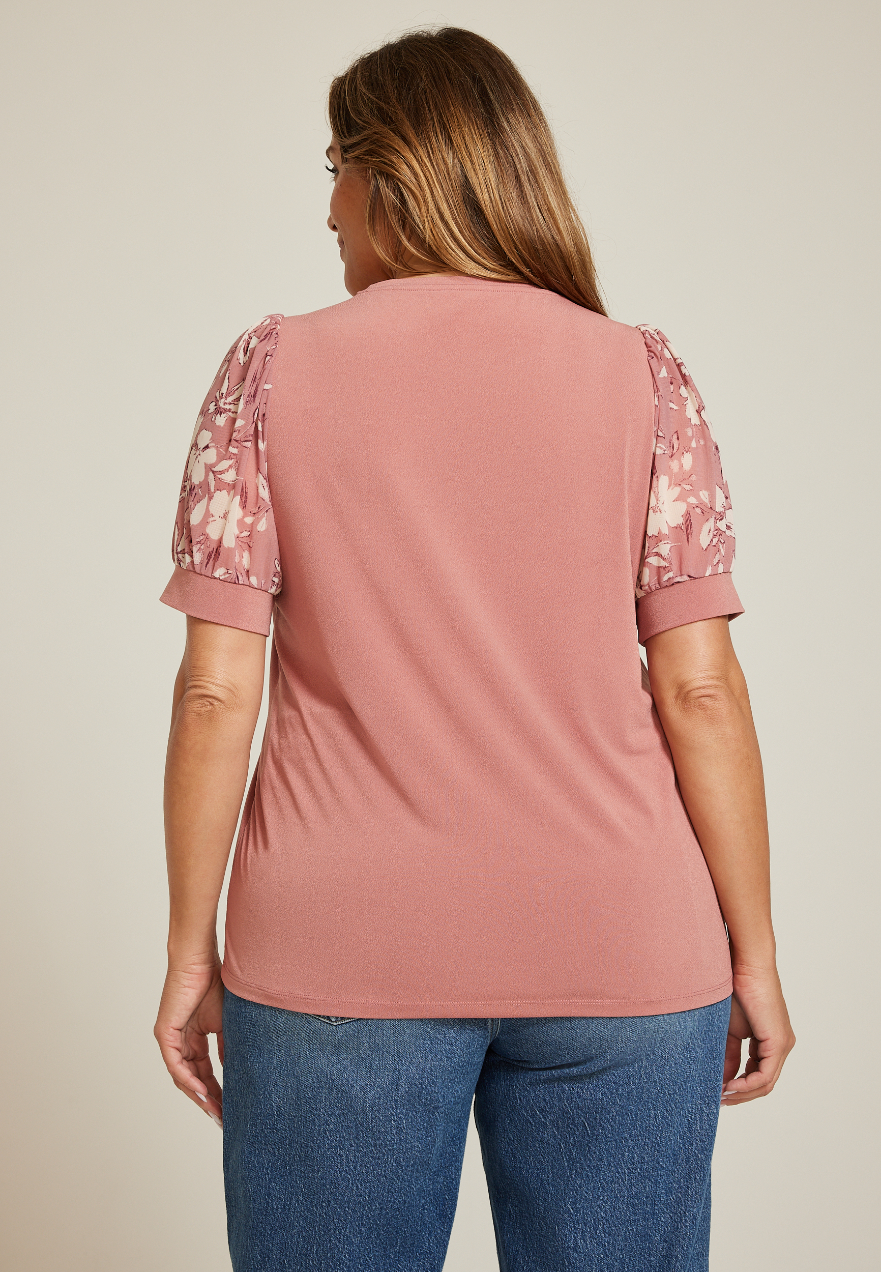 Plus Size Floral Mesh Puff Sleeve Top, C6910, large