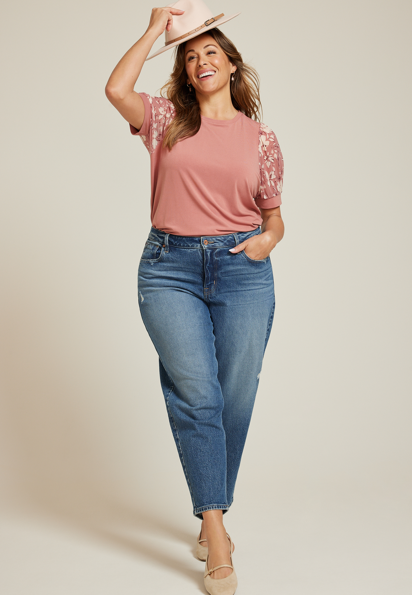 Plus Size Floral Mesh Puff Sleeve Top, C6910, large