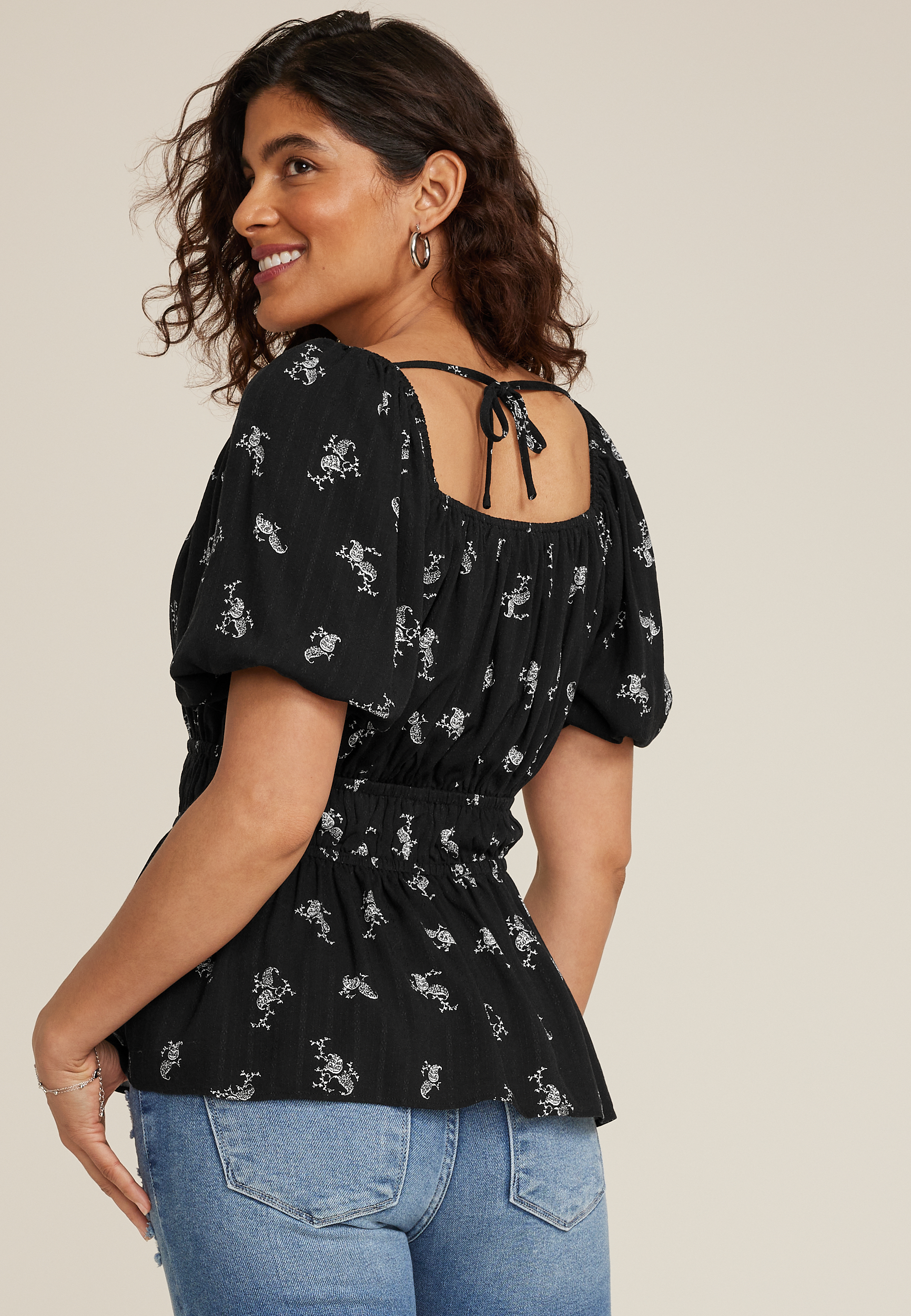 Paisley Tie Front Puff Sleeve Blouse, , large