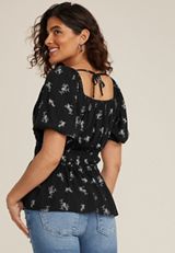 Paisley Tie Front Puff Sleeve Blouse, , small