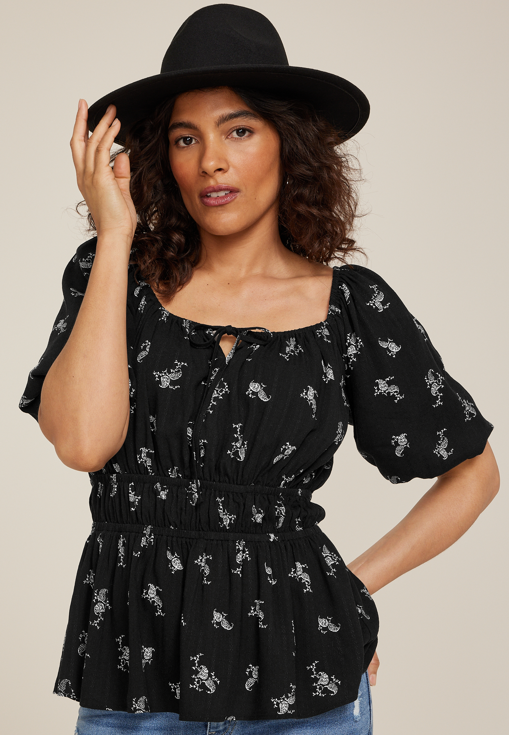 Paisley Tie Front Puff Sleeve Blouse, , large