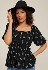 Paisley Tie Front Puff Sleeve Blouse, , small