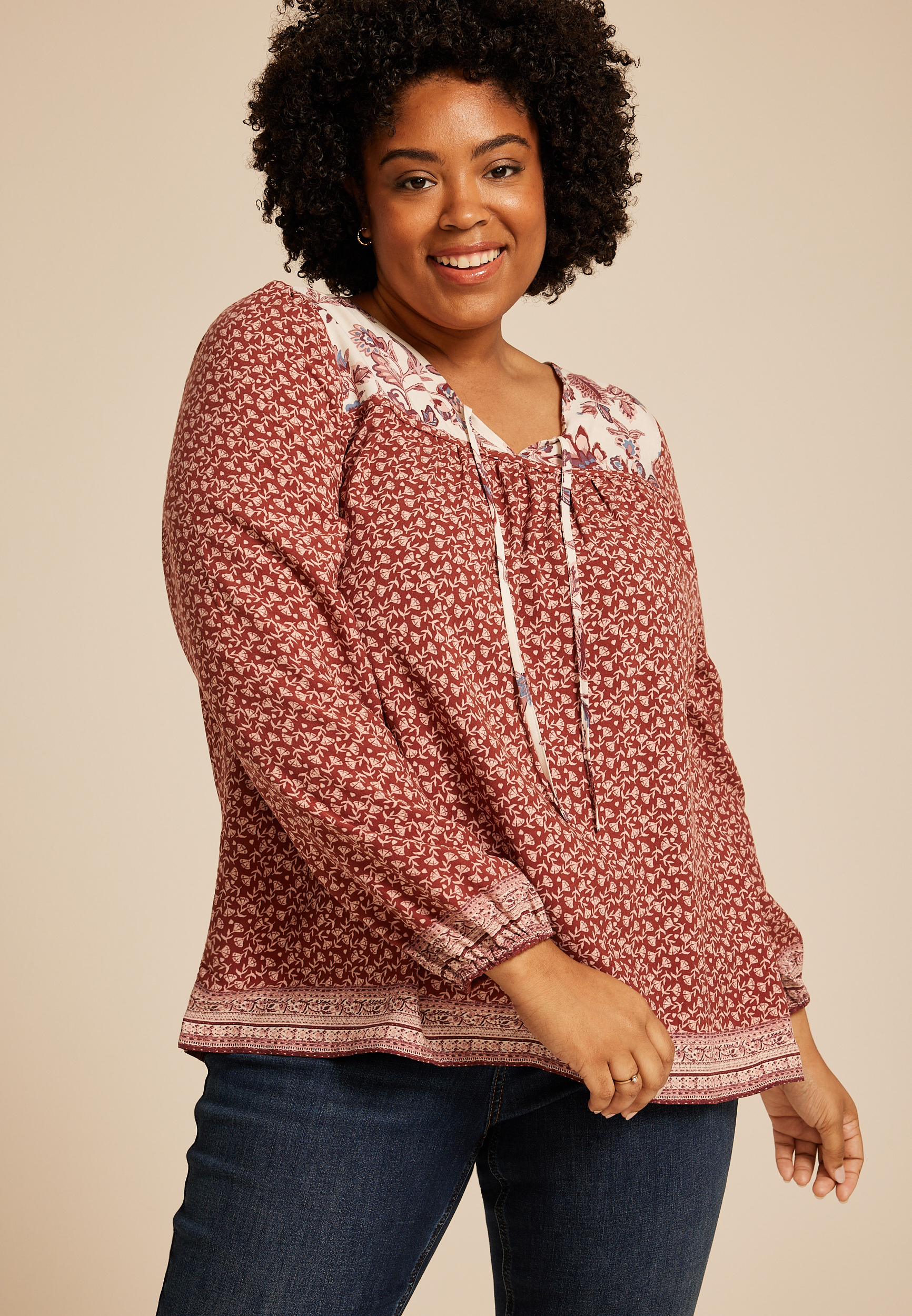 Plus Size Mixed Floral Peasant Blouse