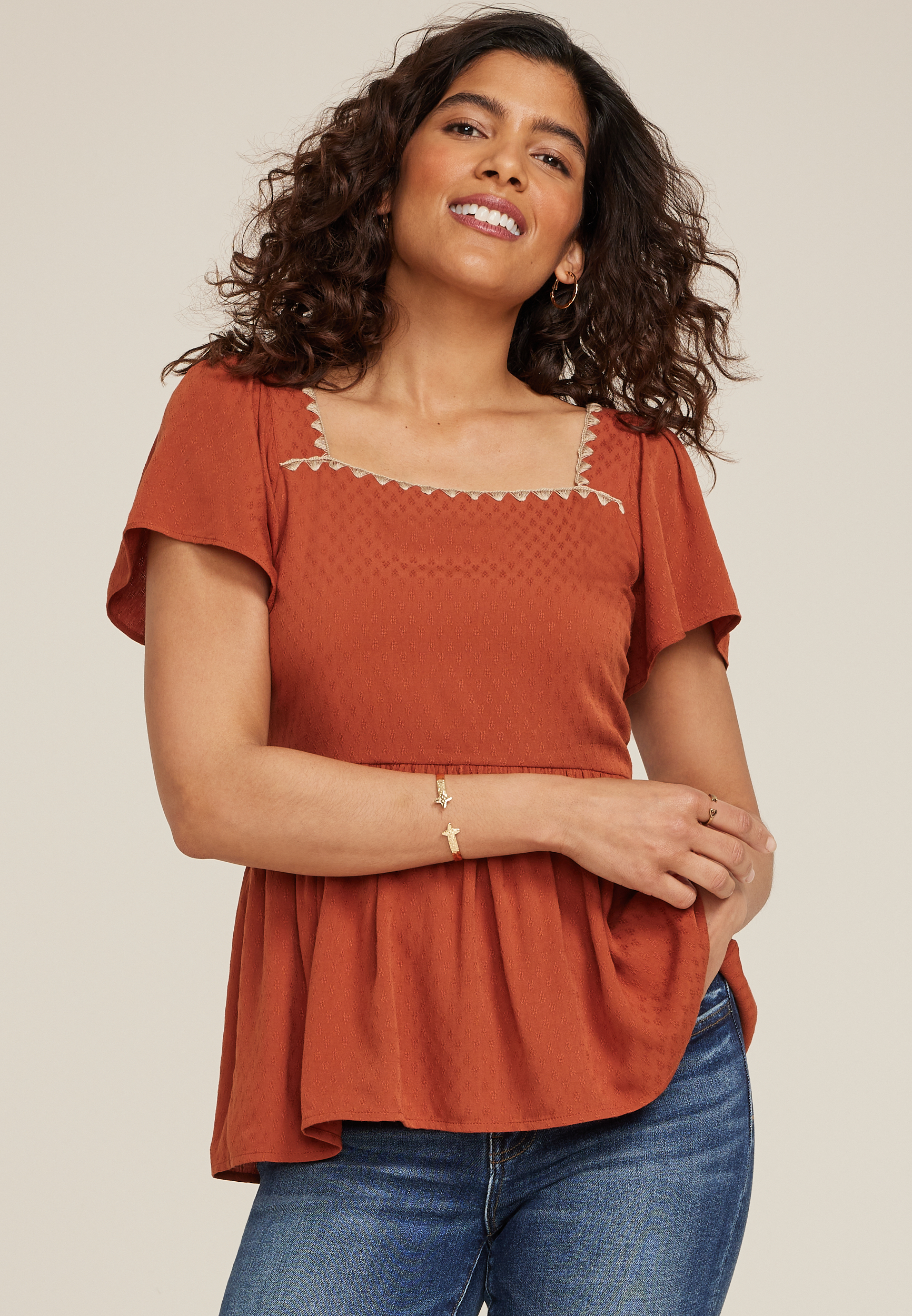 Whipstitch Embroidered Flutter Sleeve Babydoll Blouse