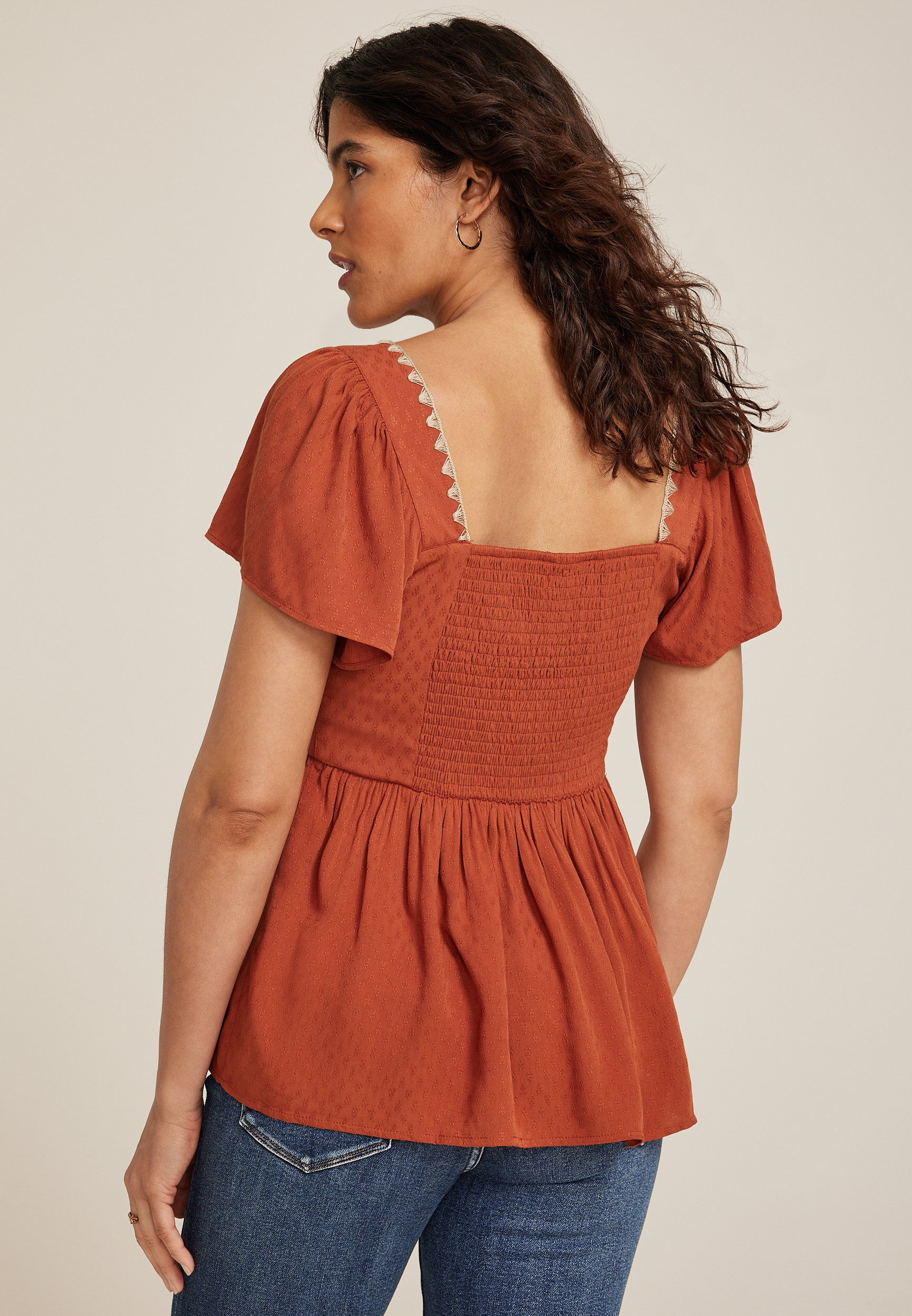 Whipstitch Embroidered Flutter Sleeve Babydoll Blouse, , large