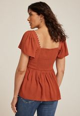 Whipstitch Embroidered Flutter Sleeve Babydoll Blouse, , small