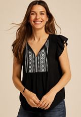 Embroidered Short Flutter Sleeve Tie Front Blouse, BLACK, small