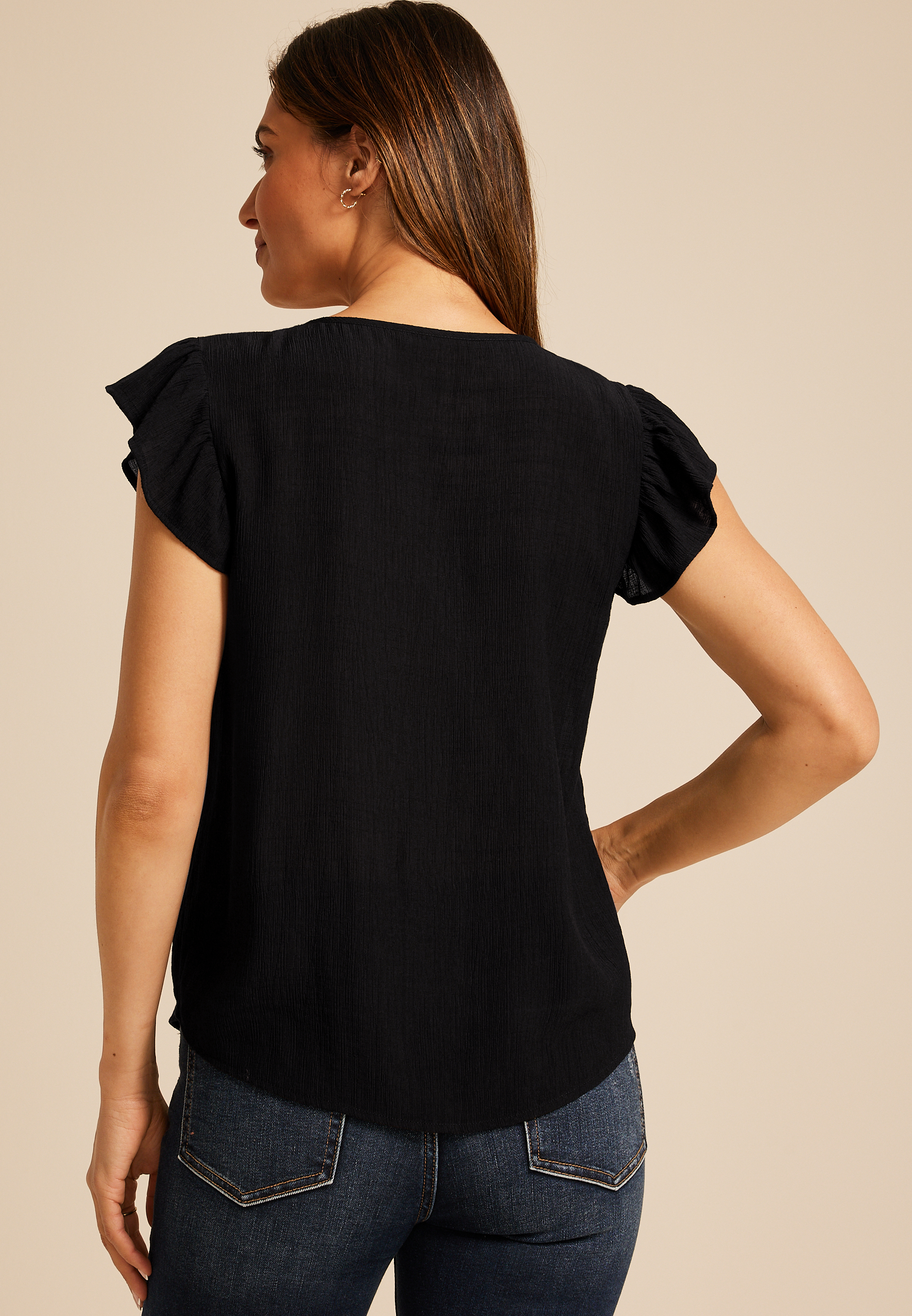 Embroidered Short Flutter Sleeve Tie Front Blouse, BLACK, large